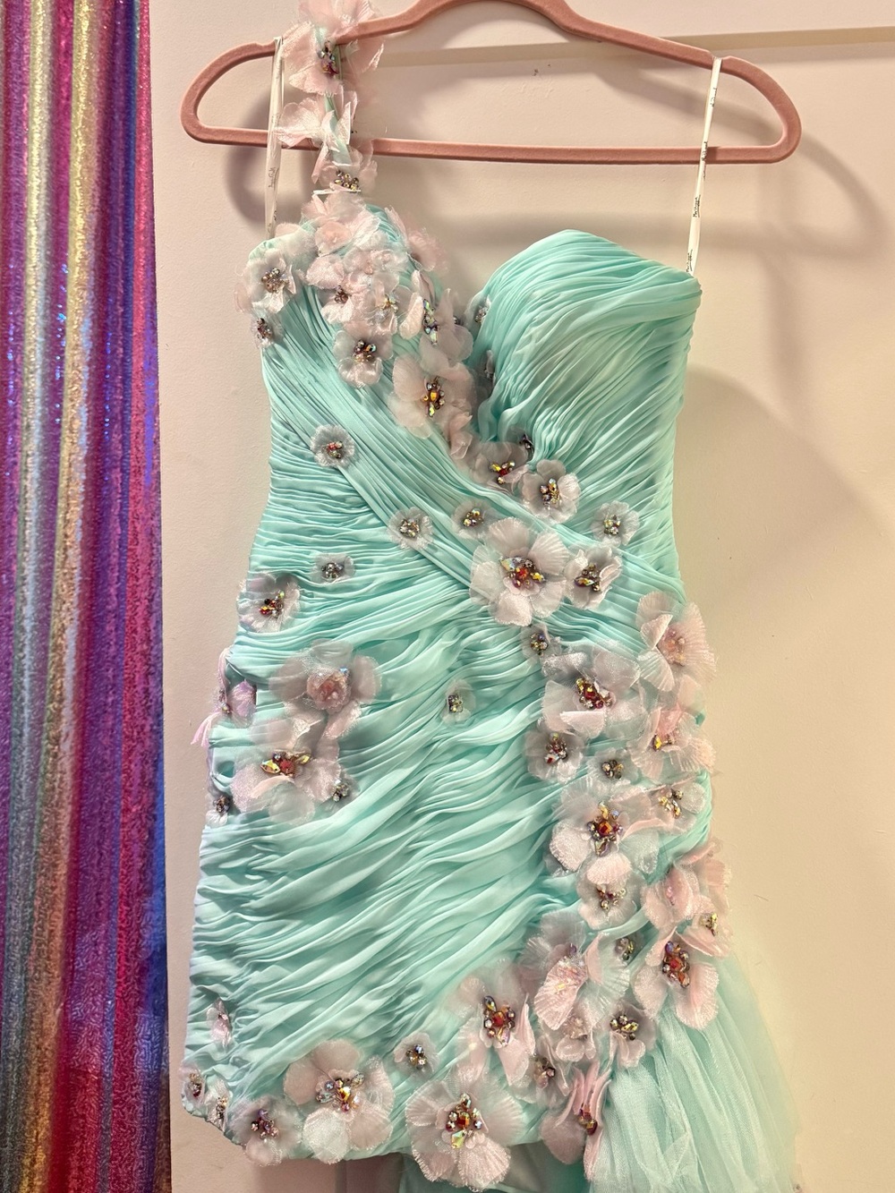Mac Duggal Aqua Strapless Floral Appliqué Prom Dress